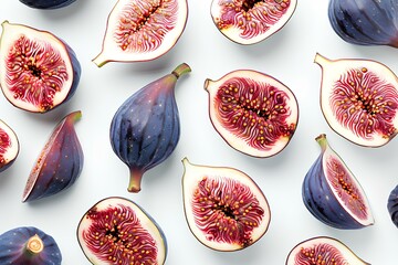 A group of figs cut in half on a white surface