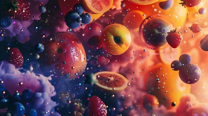 Wall Mural - A vibrant abstract background that merges the cosmic allure of space and planets with whimsical elements of fruit, creating a unique and imaginative visual experience