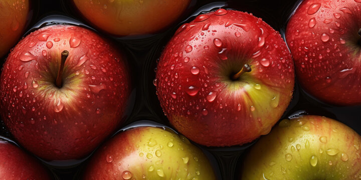 Background with fresh apples with water drops.