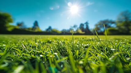 Wall Mural - A vibrant close-up of a green lawn under the sunshine with a clear blue sky in the background