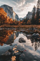 Wall Mural - River landscape with rocky shore and mountain