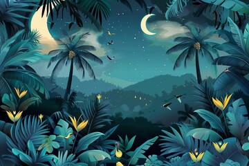 exotic night jungle wallpaper with tropical palm trees banana leaves birds and animals fantastical moon landscape illustration for kids room interior design