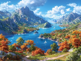 Wall Mural - Stunning Mountain Lake Landscape with Autumn Foliage, Vibrant Blue Waters, and Sailboats Under a Bright, Cloudy Sky