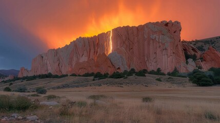 Wall Mural - Breathtaking Sunset Over Red Rock Cliffs with Dramatic Orange Glow and Natural Scenic Beauty in Desert Landscape