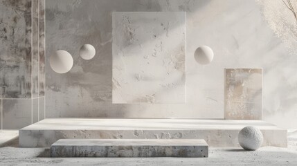 Poster - A minimalist abstract art installation in a gallery features floating white spheres and textured walls, bathed in natural sunlight.
