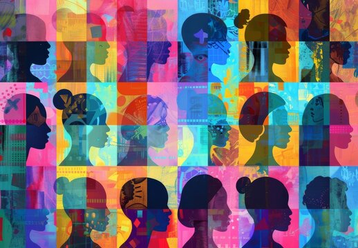 A colorful pattern depicting overlapping head profiles in abstract form