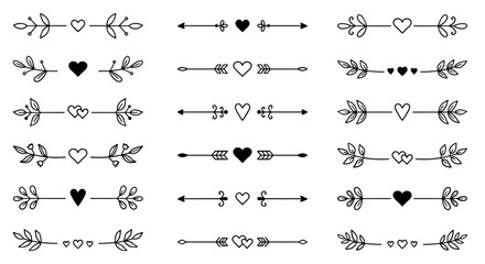 Wall Mural - text dividers with hearts doodle set. wedding decorative elements. divider ornament, borders, lines.