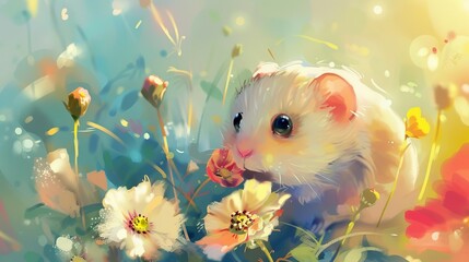 A painting of a hamster in a field of flowers