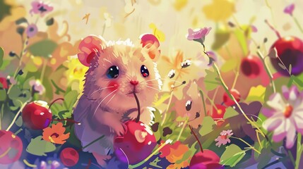 Wall Mural - A painting of a hamster in a field of flowers