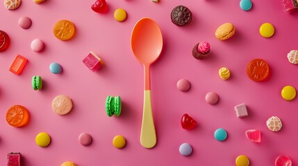 Wall Mural - A spoon and some candies on a pink surface