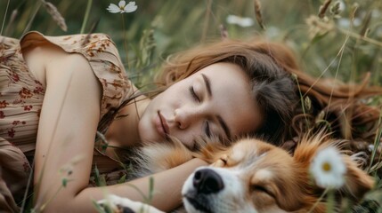 Poster - A woman laying in a field with a dog