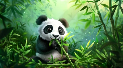 Wall Mural - A cute panda with bamboo leaves in bamboo forest