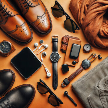 Flat lay of men's accessories with shoes, watch, phone, earphones, sunglasses, scarf over the orange background, father day illustration created with generative ai.