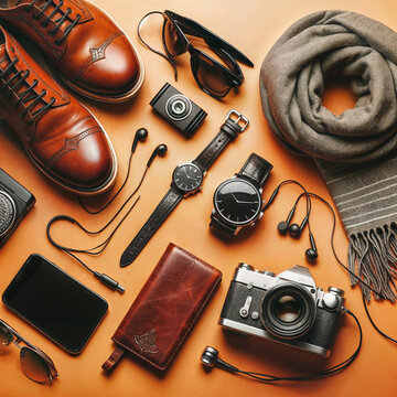 Flat lay of men's accessories with shoes, watch, phone, earphones, sunglasses, scarf over the orange background, father day illustration created with generative ai.
