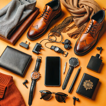 Flat lay of men's accessories with shoes, watch, phone, earphones, sunglasses, scarf over the orange background, father day illustration created with generative ai.
