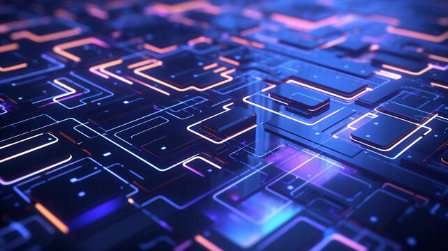 Close-up of computer circuit board with intricate neon cyber architecture in 3d rendered