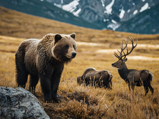 Bear in wildlife walking around its pray