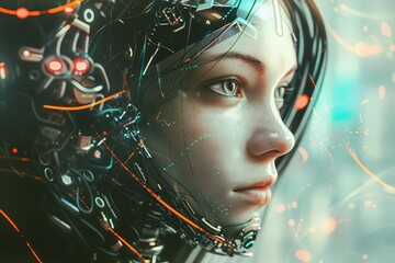 Poster - futuristic female cyborg with complex neural threads artificial intelligence concept illustration