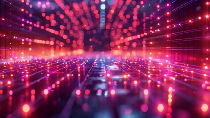 Poster - A spacious room illuminated by numerous red and blue lights.