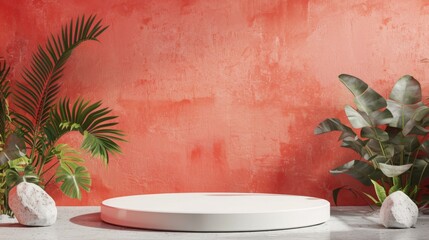 Poster - A minimalist white circular pedestal is set between green plants against a red textured wall, creating a contemporary art display with natural elements.