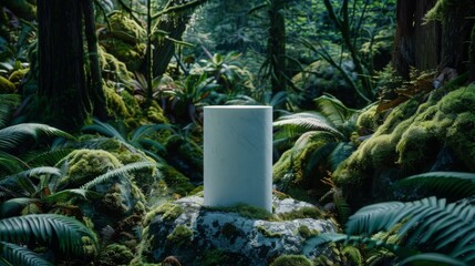 Poster - A stone monolith stands on a moss-covered rock in a lush, dense forest filled with ferns and towering trees under daylight.