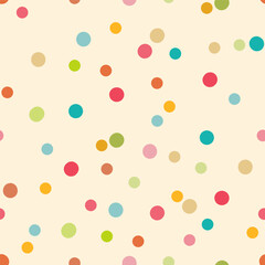 A playful and colorful abstract seamless vector pattern of scattered multi-colored dots mesmerizing bubbles or confetti on a pale background, creating a lively and festive design.