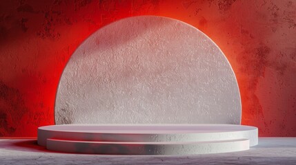 Aufkleber - A white circular display platform is set against a textured red wall, illuminated by dramatic lighting that casts shadows.