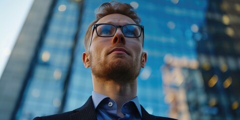 Canvas Print - Businessman outside office building