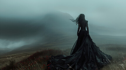 satanic bride in strange valley with fog, halloween scary concept, dark gothic lady, creepy wallpaper