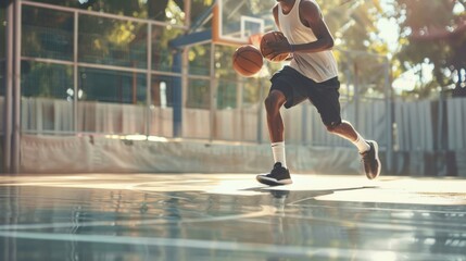 A man is running on a basketball court with a basketball in his hand