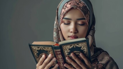 Young Asian Islam woman wearing headscarf is holding holy al quran with close eyes and calm face. Indonesian woman on gray background