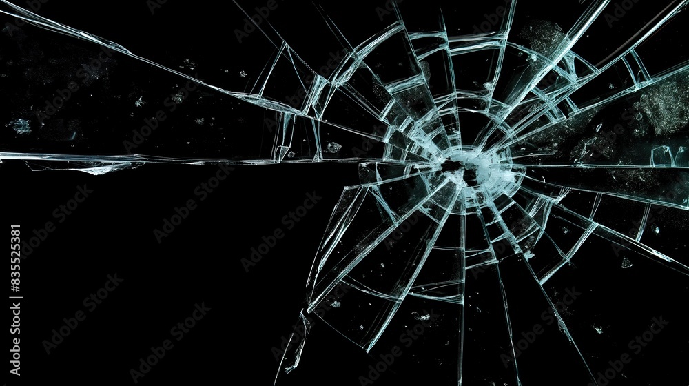 shattered broken glass car window on black background, for overlay and ...