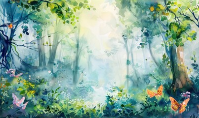 Wall Mural - Watercolor illustration-Fairy forest. Children's interior Wallpaper