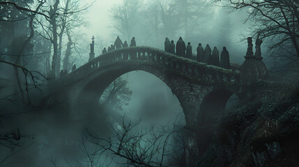 Wall Mural - strange ghostly figures crossing old bridge shrouded in fog, halloween concept