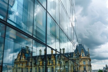 Reflection of a historical building in the glass facade of a modern structure, creating a juxtaposition of old and new, cloudy day