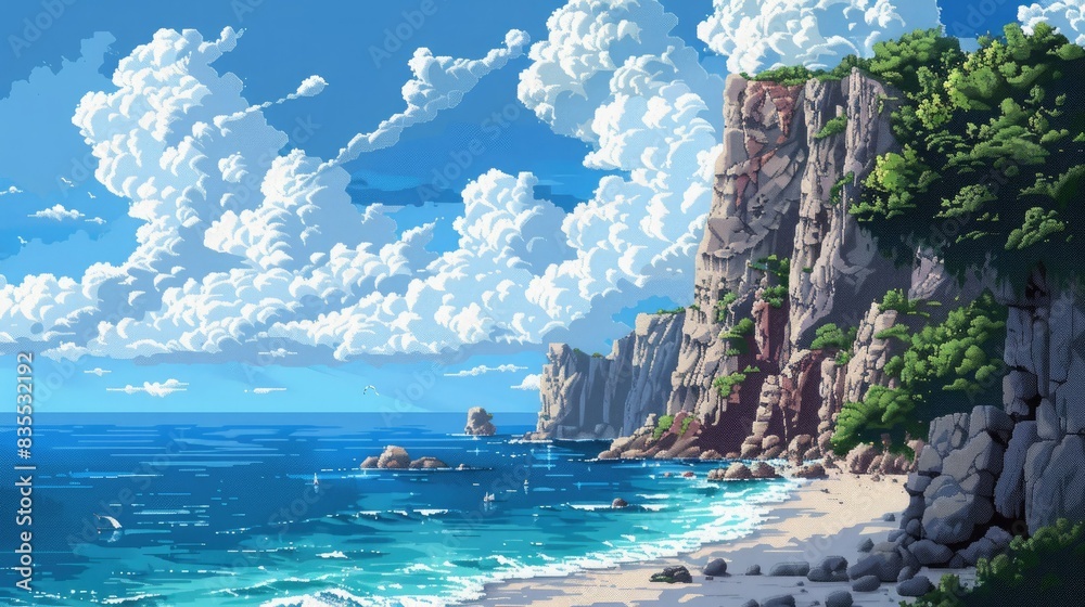 pixel art landscape featuring a serene blue sky and water with white ...