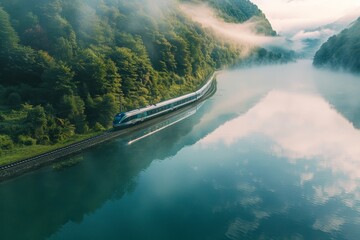Wall Mural - Misty morning. high-speed train crossing lake - sustainable transportation and nature - aerial view