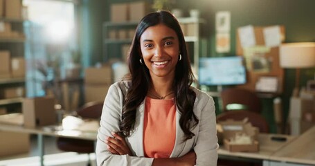 Poster - Portrait, Indian woman and happy as employee in workshop for career or job growth with opportunity. Female person, smile and satisfied with pride as fashion designer in startup company or business
