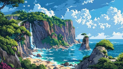 Poster - pixel art landscape featuring lush green trees, a serene blue water, and a majestic rock formation under a clear blue sky with a single white cloud