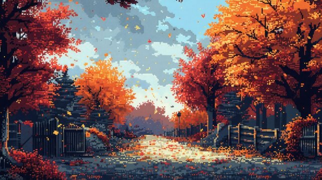 pixel art landscape featuring orange and red trees, a metal fence, and a blue sky