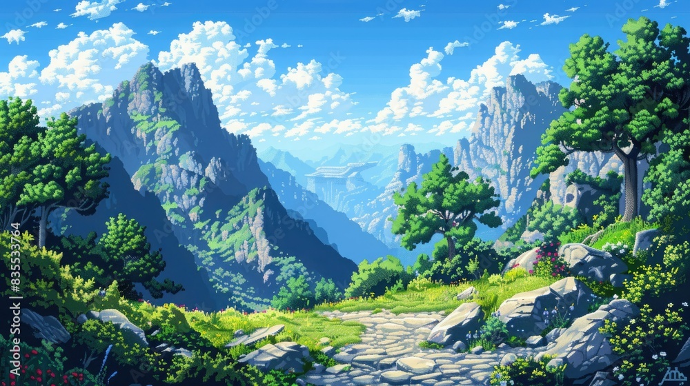 pixel art landscape featuring lush green trees and grass under a clear ...