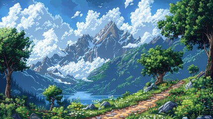 pixel art landscape featuring lush green trees, a majestic mountain, and a serene river flowing through it, with a large gray rock adding texture and depth to the scene