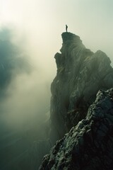 Wall Mural - Person on top of mountain in fog