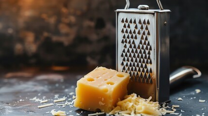 Sticker - A close-up image of a block of hard cheese and grater on a wooden table. The grater is made of stainless steel.