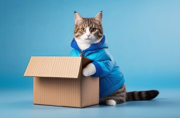 a cat in a blue jacket holds a box in his paws