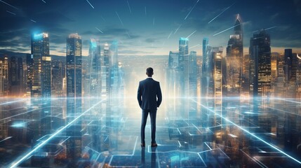 Business man on future network city, copy space, generative ai