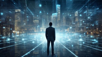 Business man on future network city, copy space, generative ai