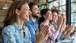 © zipop - Business people, woman and team applause in conference, support feedback of success. Happy employees, audience and clapping in celebration