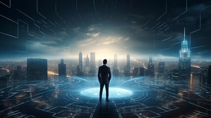 Business man on future network city, copy space, generative ai