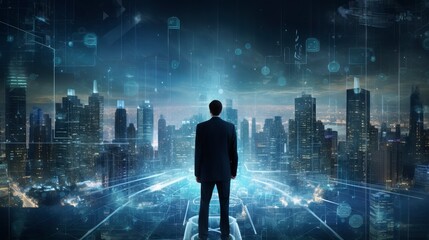 Business man on future network city, copy space, generative ai